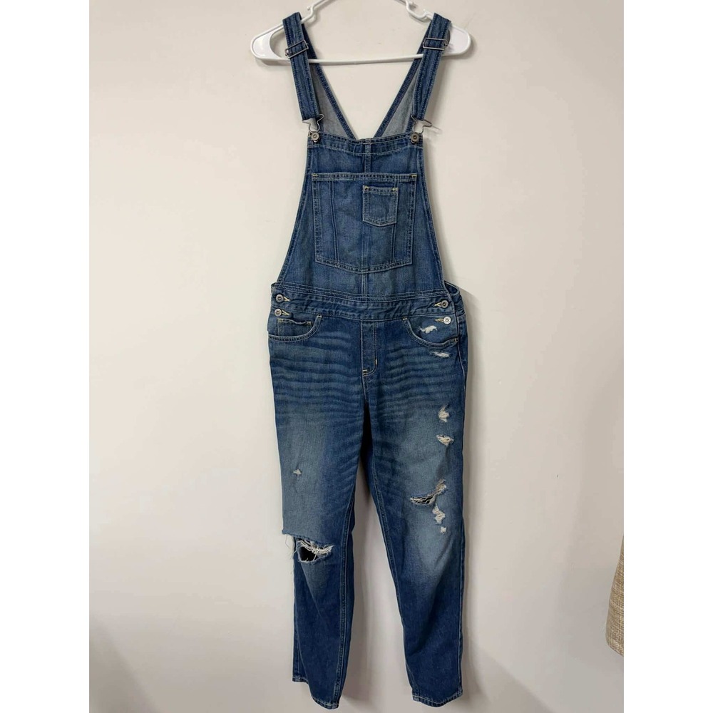 Hollister Womens Medium Distressed Denim Overalls Medium Wash Ripped Cotton